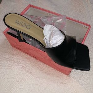 Black Faux Leather Heeled Mules